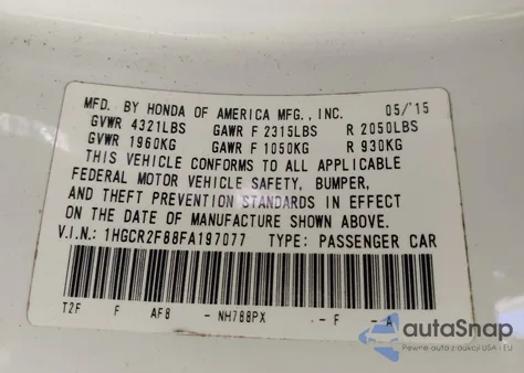 2015 Honda Accord Ex-L z USA, uszkodzony, nr VIN 1HGCR2F88FA197077